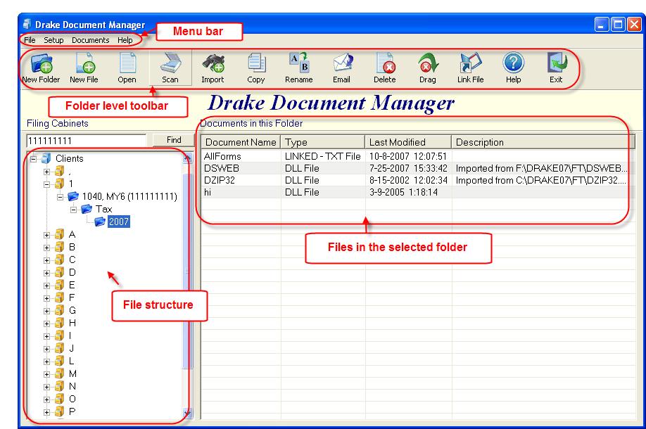 238 Suite Products 2007 DRAKE SOFTWARE THE DDM WINDOW The Drake Document Manager window consists of the file structure in tree-view and listing of files in the selected folder.