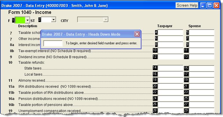 2007 DRAKE SOFTWARE Basics 21 If multiple entries begin with the same letter or letters, you must enter more of the name before the field is automatically filled.