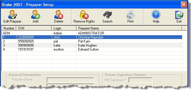 2007 DRAKE SOFTWARE Installation & Setup 39 When editing or creating a new preparer, the toolbar functions change to the following: Save Save the preparer s settings.