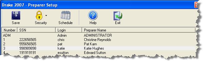 ) Schedule Create a schedule for a preparer (see Creating Preparer Schedules on page 41). Help Open the Help System. Edit Exit Preparer Setup.