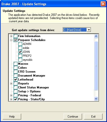 72 Preseason Preparation 2007 DRAKE SOFTWARE WARNING! Selecting a previously updated item can cause a loss of current-year data. If updating Pricing - State City, an Update Setting dialog box appears.