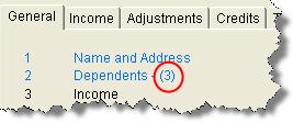 2007 DRAKE SOFTWARE Return Preparation 91 4. Press ESC to save and close Dependent Information. Note that the number of dependents entered is now displayed.