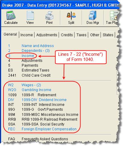 92 Return Preparation 2007 DRAKE SOFTWARE Take the following steps to enter a client s unearned income information. 1.