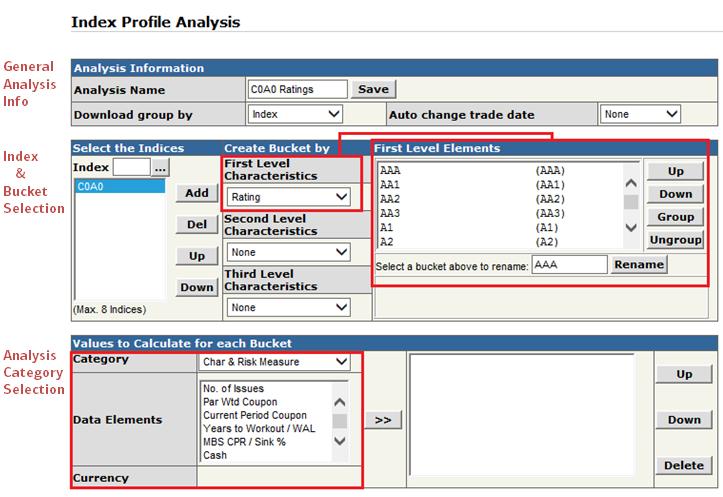 BUCKET THE INDEX BY UP TO THREE ATTRIBUTES General Analysis information: Enter an analysis name and select if you want data grouped data grouped by indices or attributes Index and Bucket selections: