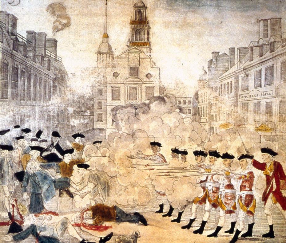BOSTON MASSACRE 1770 Colonists gather and start harassing the Red Coats in front of Custom House in Boston Crowd begins to grow, angered at seeing the British with their weapons, taunt them Something