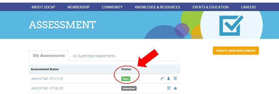 Step #5 - ASSIGN PARTICIPANTS Under the tab My Assessments, yu will see the assessment that yu just created with a green Open buttn under the status.