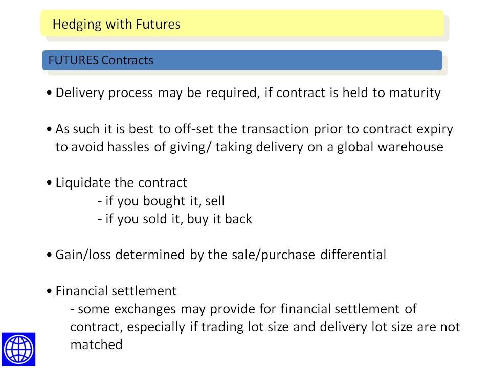 Using Futures Contracts to Hedge Placing & Lifting a Hedge Futures Contracts - Placing & Lifting Hedges Gain / Loss determined by the price difference between sale and purchase Any gain or loss on