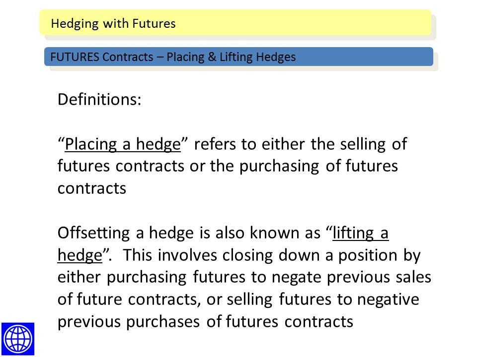 Using Futures Contracts to Hedge Futures Contracts - Placing & Lifting a Hedge Futures Contracts - Placing & Lifting Hedges Placing a Hedge This refers to a cocoa trader either selling or purchasing
