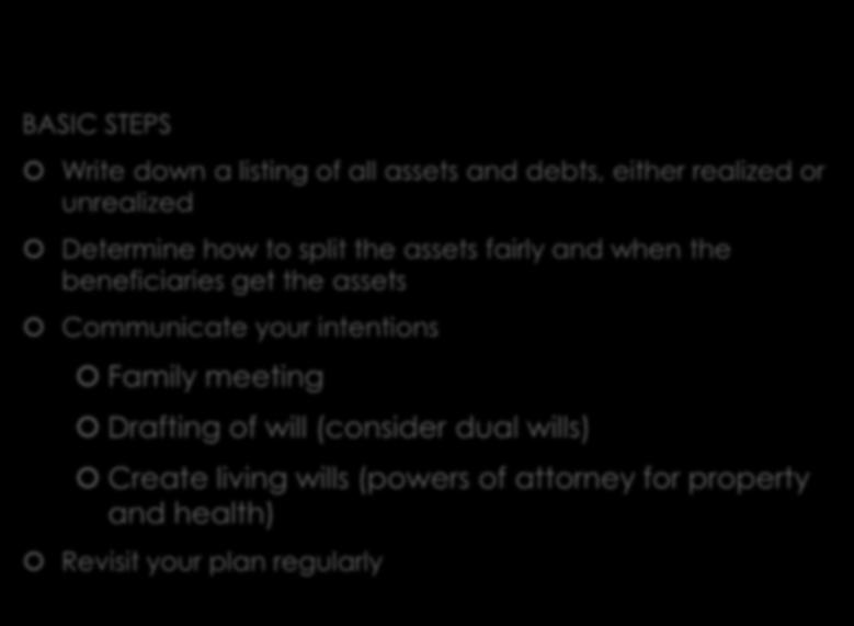 Estate Planning BASIC STEPS Write down a listing of all assets and debts, either realized or unrealized Determine how to split the assets fairly and when the beneficiaries get the