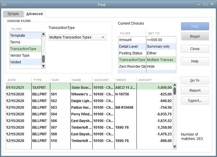 Locating Specific Transactions Locating Specific Transactions You can use the QuickBooks Find command to search for specific checks you ve written (and other transactions as well).
