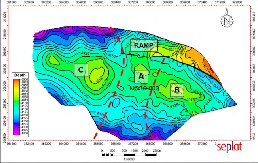 TG/sf/EE025820 Etablissements Maurel & Prom and Maurel & Prom Nigeria Figure 5.1 is a depth structure map at the U3000 reservoir and Figure 5.2 is a north-south seismic line over the MOSO-2 well.