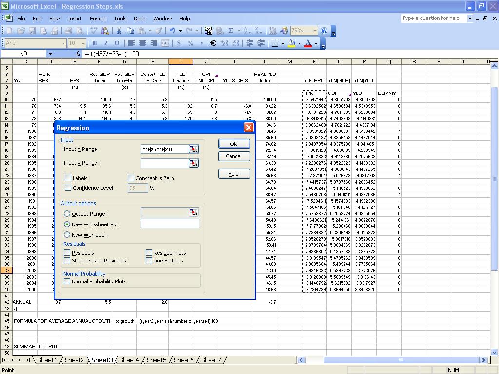 - 16 - Figure 7 To select the explanatory variables (GDP and YLD), click on the button to the right in front of Input X Range textbox.
