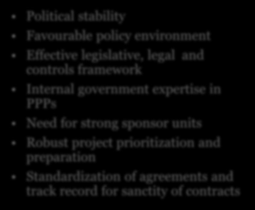 There are several conditions precedent to a successful PPP process Political stability Favourable policy