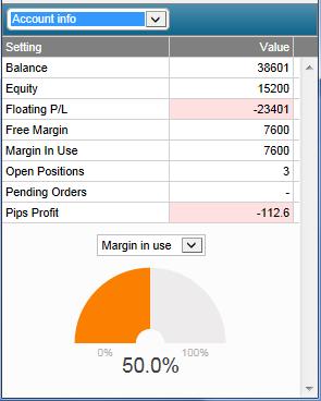 such as balance and free margin, and also shows a choice of three key metrics in graphical form (margin usage, floating P/L, or pips