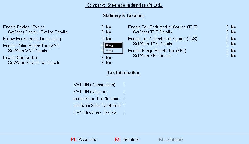 The Statutory & Taxation screen is displayed as shown. Figure 1.2 F11 - Statutory and Taxation screen 2.