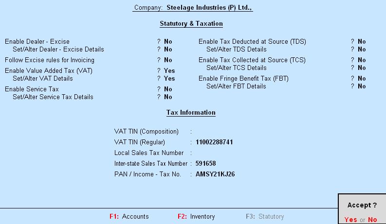 The completed F11: Statutory & Taxation screen is displayed as shown.