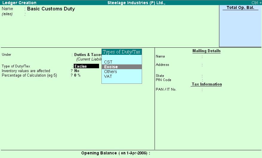 The Ledger Creation screen for Basic Customs Duty is displayed as shown. Figure 1.