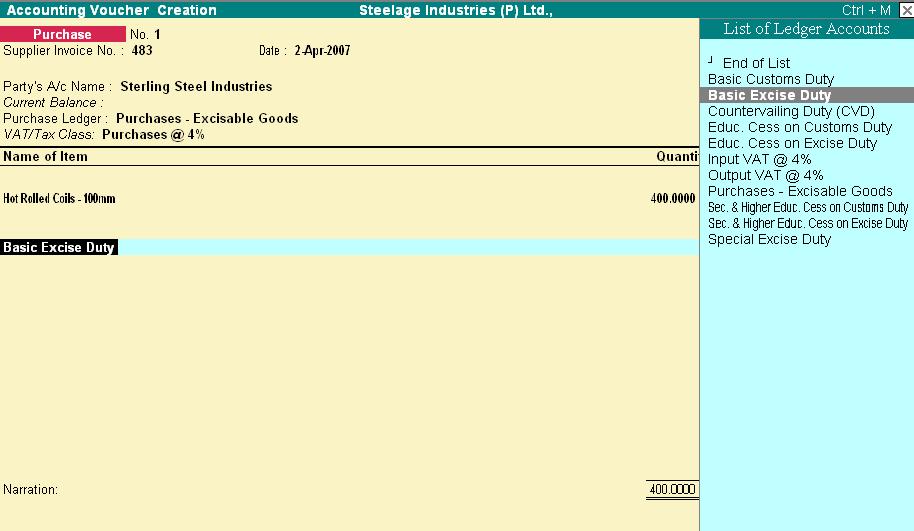 Transactions Create Purchase Invoice Go to Gateway of Tally > Accounting Vouchers > press F9: Purchase 1. Press F2 and change the date to 02/04/2007 2. Specify 483 as the Supplier Invoice No.