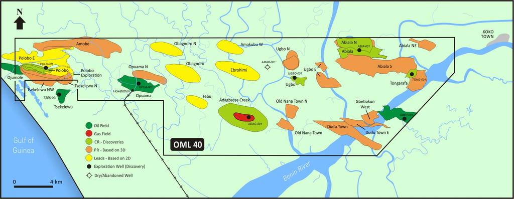 OML 40 A PORTFOLIO IN A LICENCE Licence area 498km 2, located in the Niger Delta, approximately 75km north-west of Warri Gross