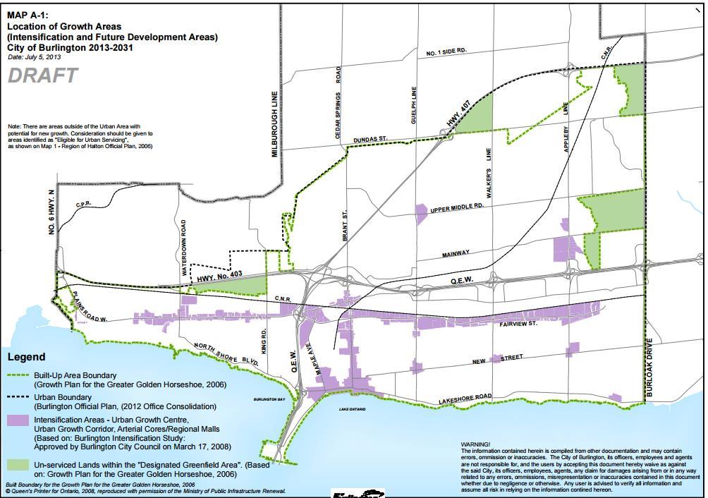 Exhibit 8: City of Burlington - Location of Growth Areas Source: City of Burlington Specific Primary Intensification Areas include: Mixed-use areas of the Uptown Urban Centre.