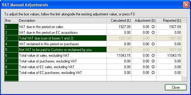 Company Tasks The VAT Manual Adjustments window appears displaying the Calculated VAT totals.