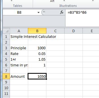 Now we can fill out the numbers and desired calculation in column B B3 enter the amount deposited (in this case 1000) B4 enter interest rate in decimal form (0.