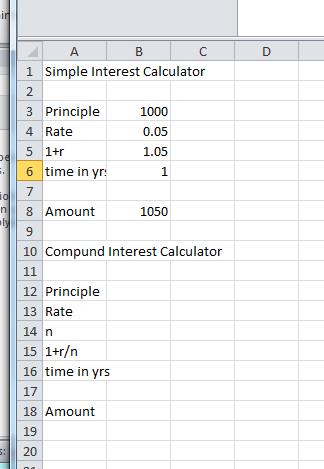 and compound interest in the equation is that you replace (1+r) with (1+r/n) n and your interest equation becomes, {( ) } Using rules of exponents this simplifies to ( ) We can now create the