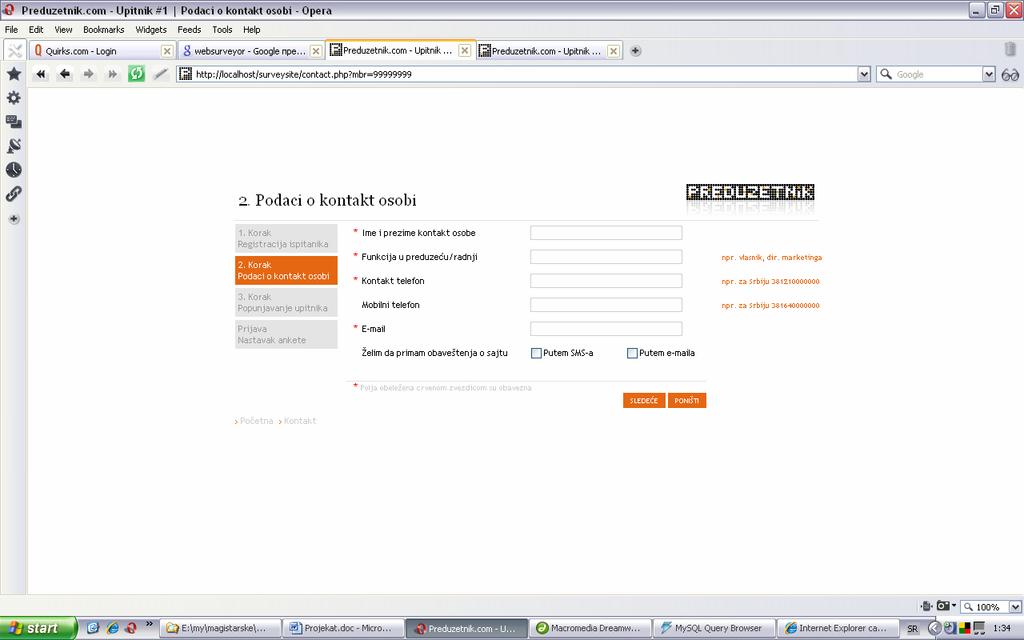 Slika 2: Izgled prozora u web čitaču gde se unose podaci o kontakt osobi preduzeća-ispitanika 3.