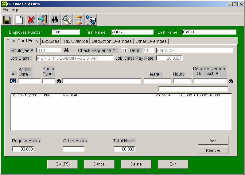 1.20 TIME CARD ENTRY This program is used to make any changes to the workfile that was created for the current payroll.