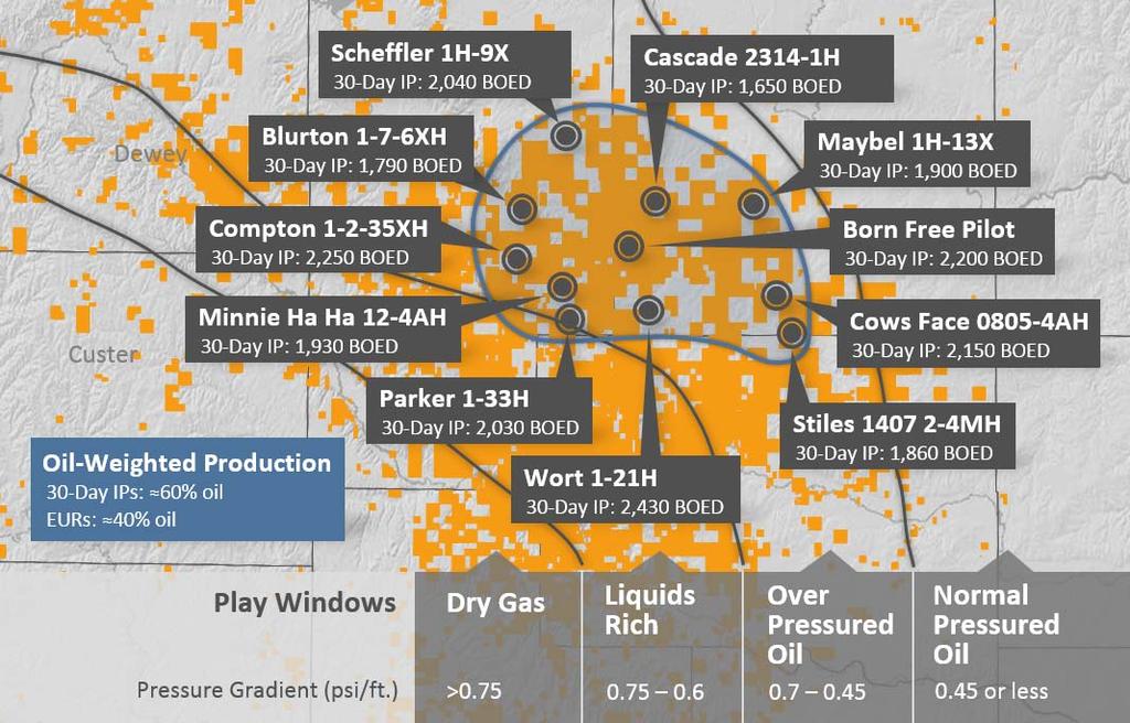 STACK Over Pressured Oil Window Delivering Top Tier STACK Results (continued) Industry has now brought online 140 Meramec wells, and all fluid windows in this early stage development play have