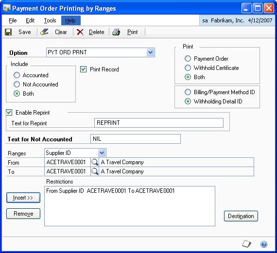 CHAPTER 12 REPORTS Setting up report options for a range of payment orders Use the Payment Order Printing by Ranges window to create sorting, restriction, and printing options for the reports for all