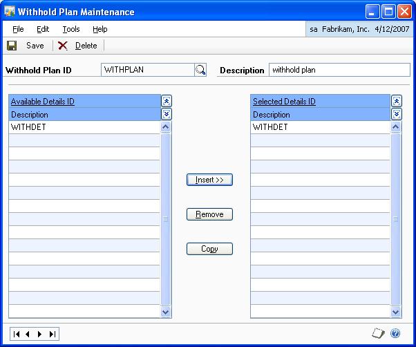 PART 1 SETUP AND CARDS The Detail ID and the Description fields display the withholding detail ID and its description from the Vendor Monocontributors Setup window.