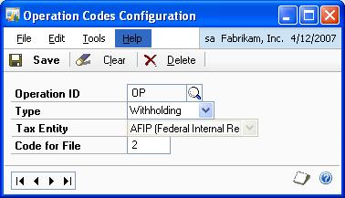 PART 1 SETUP AND CARDS To set up the operating code: 1. Open the Operation Codes Configuration window.