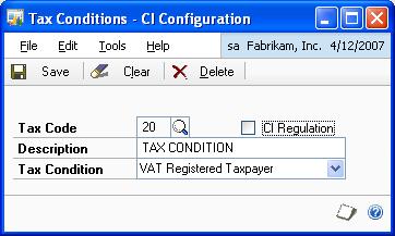 PART 1 SETUP AND CARDS To set up tax conditions for credit invoicing: 1. Open the Tax Conditions - CI Configuration window.