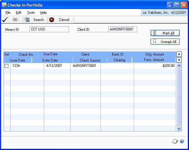 PART 2 TRANSACTIONS Selecting portfolio checks Use this information to select the portfolio checks for a single collection ID. To select portfolio checks: 1. Open the Checks in Portfolio window.
