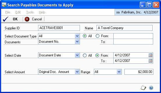 CHAPTER 7 PAYABLES TRANSACTIONS To search for payables documents to apply: 1. Open the Search Payables Documents to Apply window.