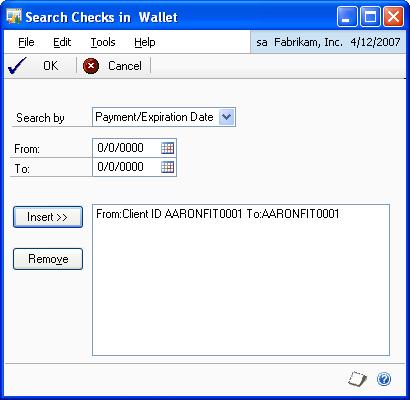CHAPTER 7 PAYABLES TRANSACTIONS Defining the search criteria for checks in wallet Use this information to define the search criteria to select portfolio checks for a single payment method ID.