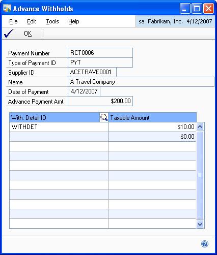 PART 2 TRANSACTIONS To change the base amount for withholds: 1. Open the Advance Withholds window. (Transactions >> Treasury >> Expenses >> Apply button >> Unapplied Amount expansion button) 2.