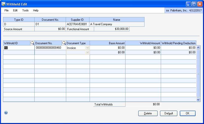 CHAPTER 7 PAYABLES TRANSACTIONS detail IDs can be calculated in single line when you apply a payment to more than one invoice. To edit withholds: 1. Open the Withhold Edit window.