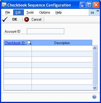 CHAPTER 7 PAYABLES TRANSACTIONS 7. Choose the Bank Account ID expansion button to open the Checkbook Sequence Configuration window. 8.