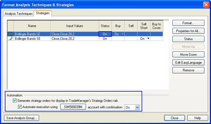the following dialog box: TradeStation has two levels of Strategy Automation: Generate strategy orders for display in TradeManager's Strategy Orders tab This checkbox, used alone, will track