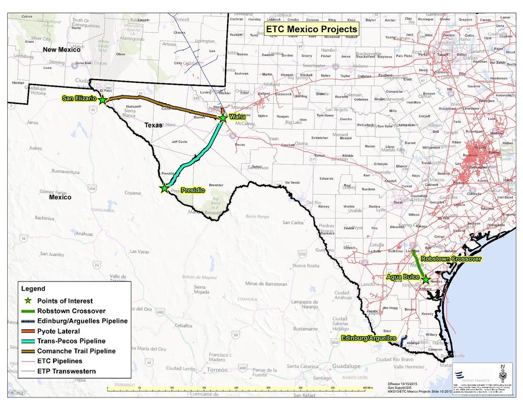 MEXICO (CFE) PROJECTS Comanche Trail Pipeline ~194 miles of 42 intrastate natural gas pipeline from Waha header to Mexico border Capacity of 1.