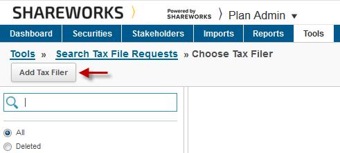 Manage Tax Filers: Selecting Manage Tax Filers will allow you to search for individual who have been setup as a Tax Filer.