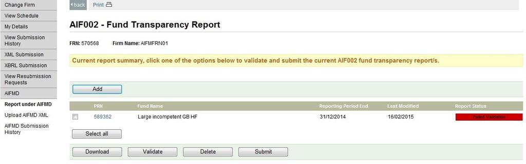 SCREEN NAME PATH AIF002 - FUND TRANSPARENCY REPORT (Displayed when a validation
