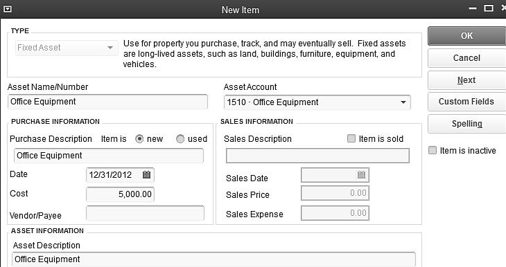 456 QUICKBOOKS 2013: A COMPLETE COURSE Look at the bottom of the screen. Fields are provided to add information for the location, PO Number, Serial Number, and Warranty.