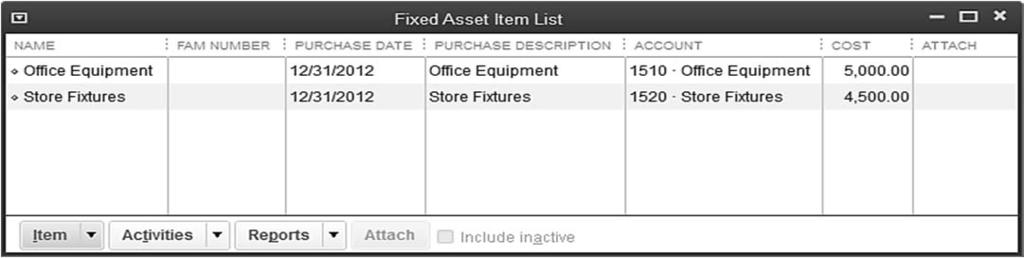 When the information is entered for Store Fixtures, click Next Repeat to add the new item Office Equipment, Asset Account 1510 Office Equipment, Date 12/31/12, and Cost $5,000.
