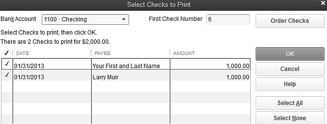 466 QUICKBOOKS 2013: A COMPLETE COURSE The Check style should be Standard Once the check has printed successfully, click OK on the Print Checks Confirmation dialog box Close Write Checks - Checking