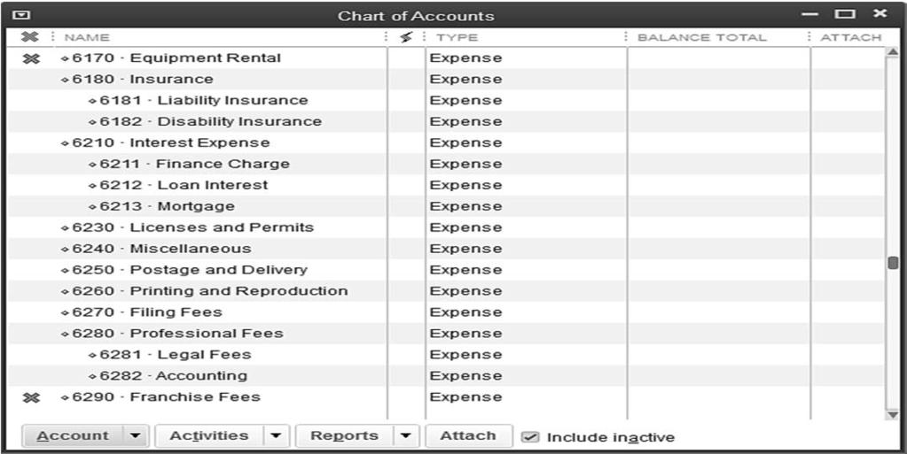 450 QUICKBOOKS 2013: A COMPLETE COURSE Do not close the Chart of Accounts DELETE AN EXISTING ACCOUNT FROM THE CHART OF ACCOUNTS If you do not want to make an account inactive because you have not