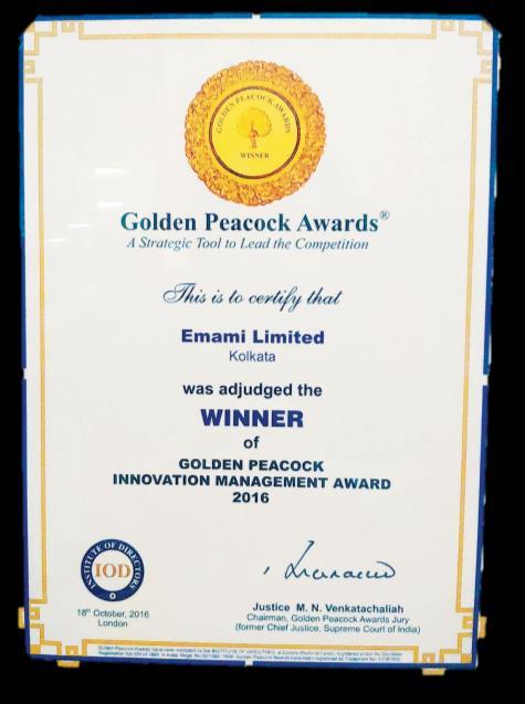 Research & Development Sustained Investments in Research & Development Emami Limited was the proud recipient of the Golden