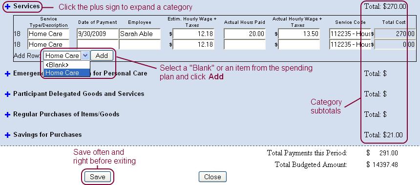 Repeat these steps with all of the expenditures. Be sure to click Save often. When you are done, click Save a final time and close the window.